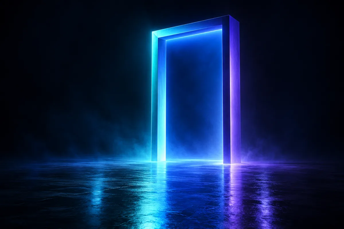 A glowing doorway in Signal’s teal and purple colors